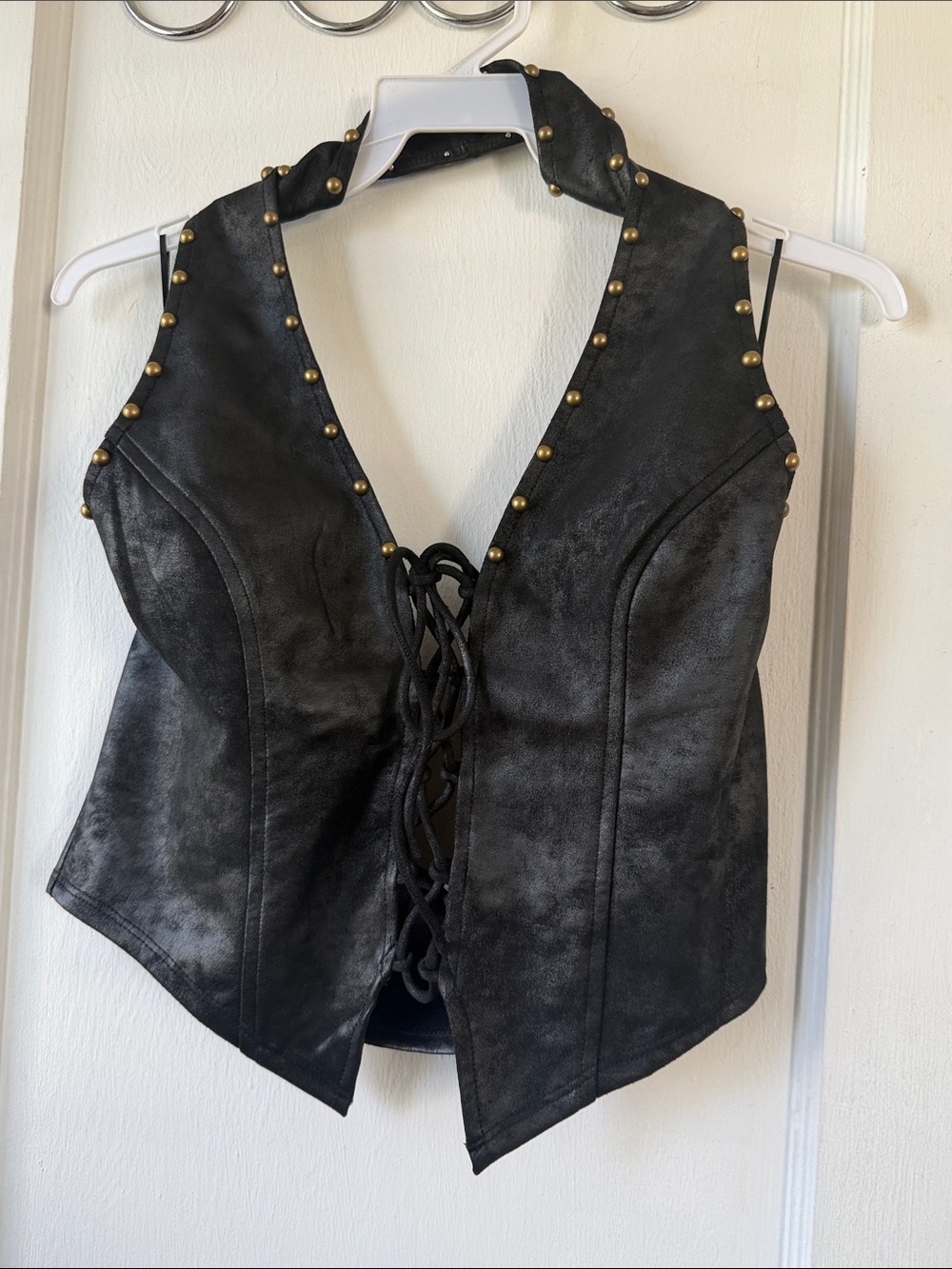 Bear Dance Black Faux Leather Studded Lace-Up Vest